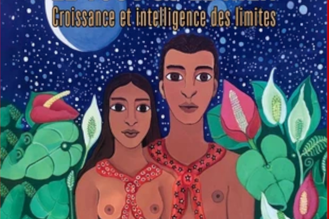 Illustration montrant un couple humain nu au milieu d'une végétation luxuriante