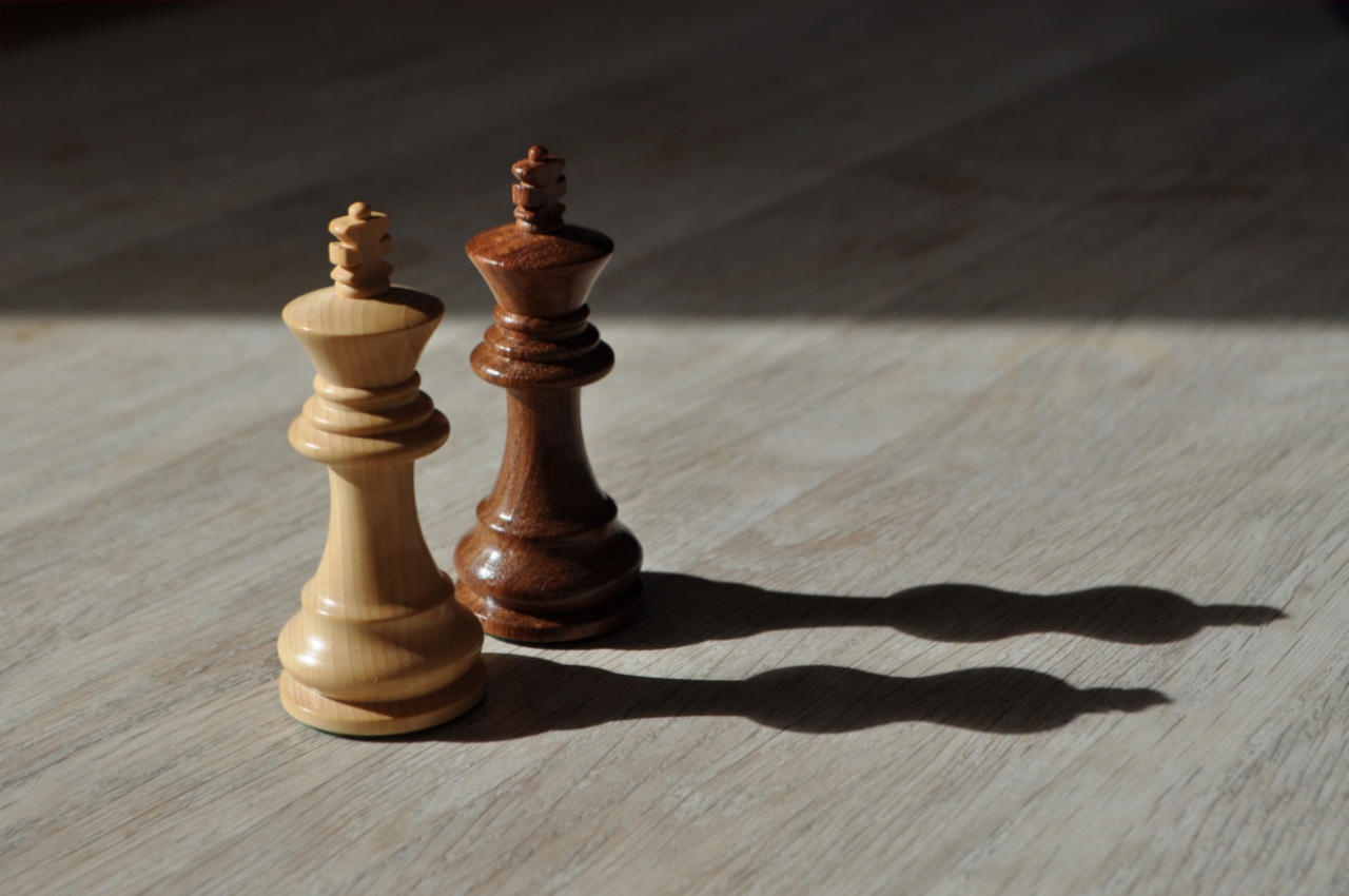 Photo montrant deux pièces de roi aux échecs, l'un blanc, l'autre noir.
